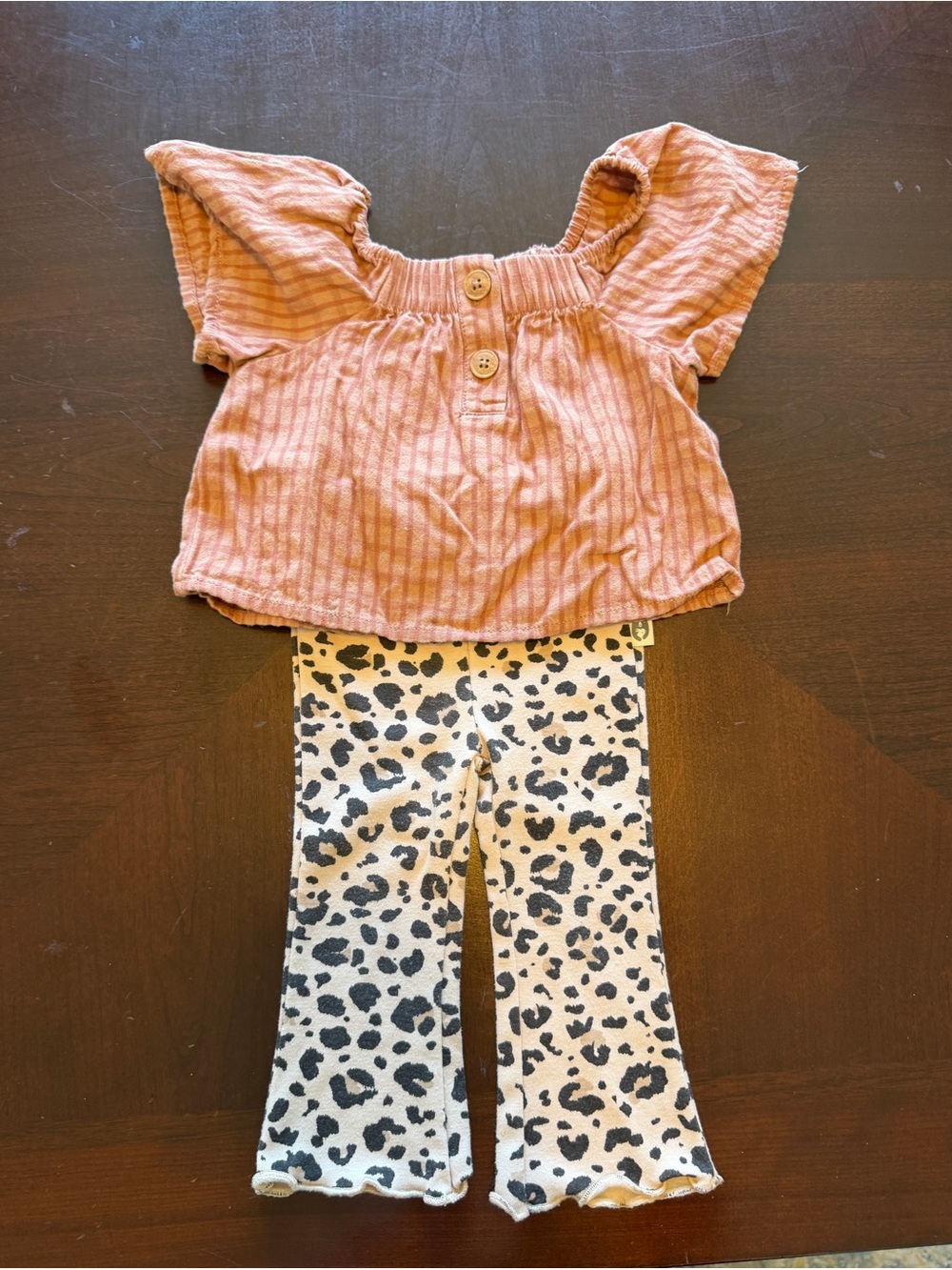 Kids Two-Piece Outfit — Dusty Rose Top & Cream Leopard Animal Print Pants 18M